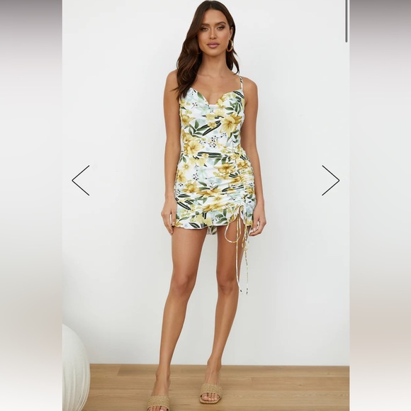 Green & Yellow Floral Satin Ruched Dress - Picture 2 of 12